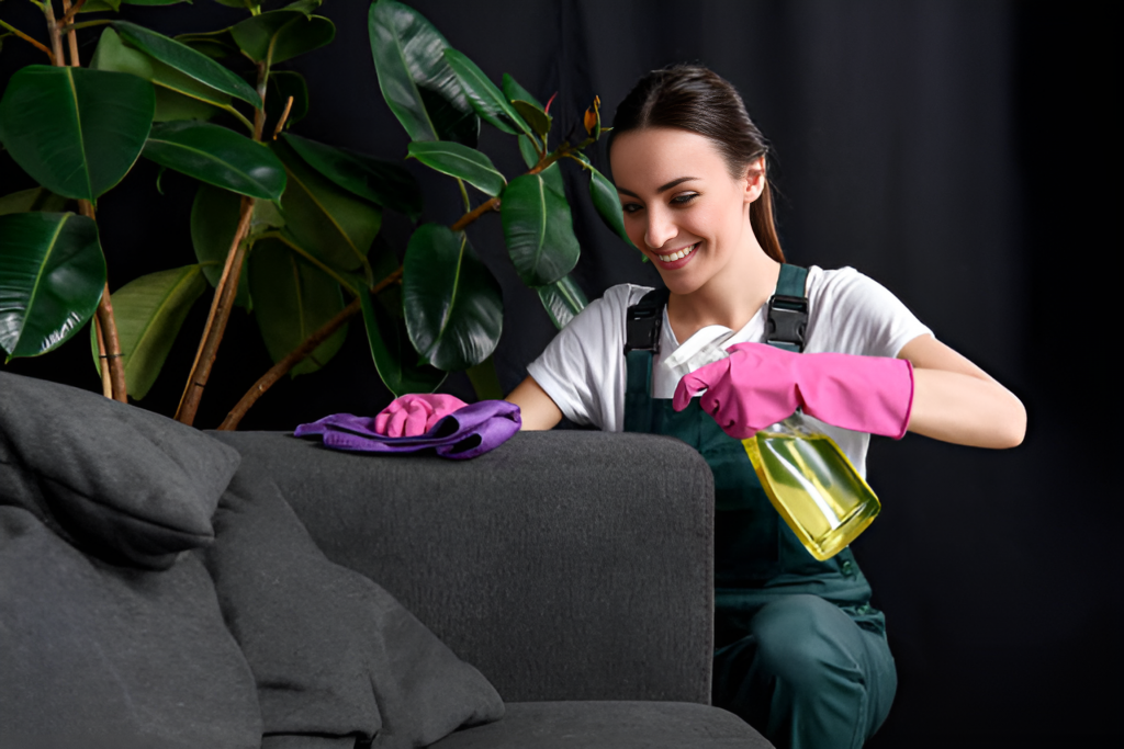 woman wearing pink gloves cleaning a gray linen couch
