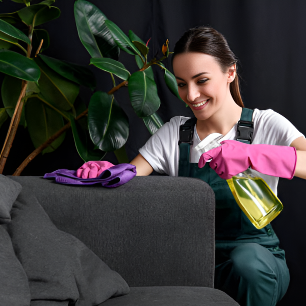 woman wearing pink gloves cleaning a gray linen couch