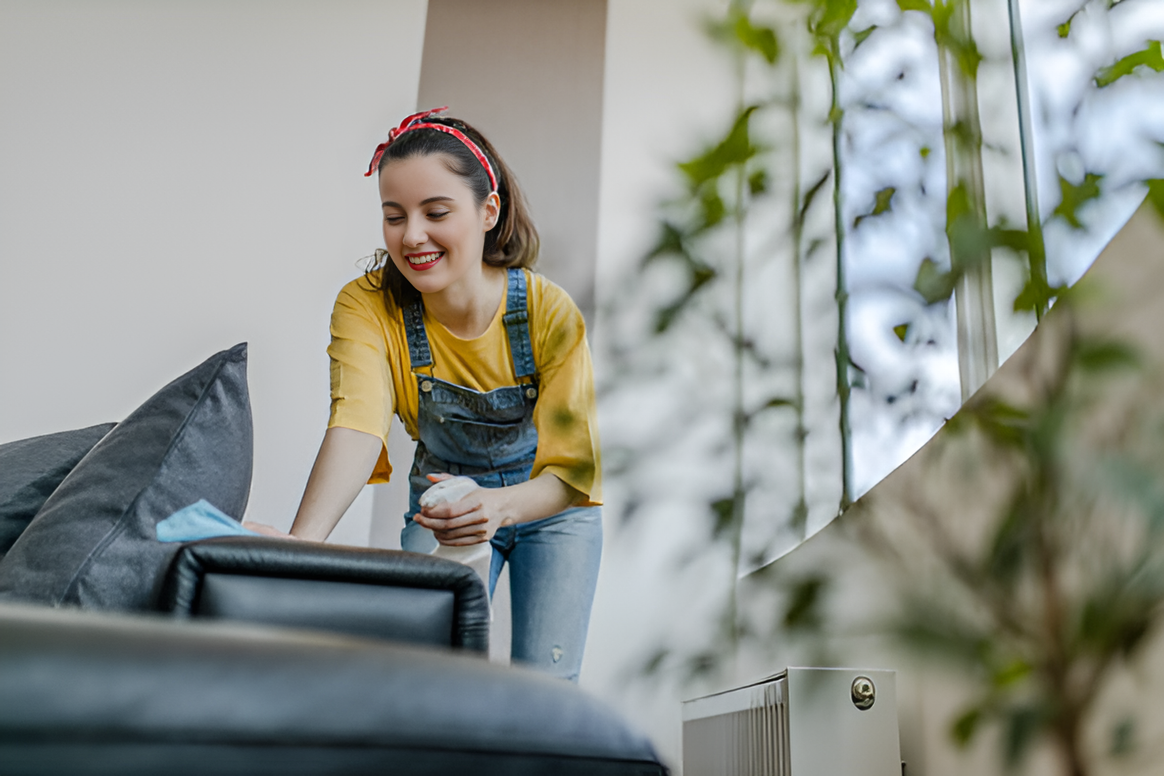 smiling woman wiping a black leather couch